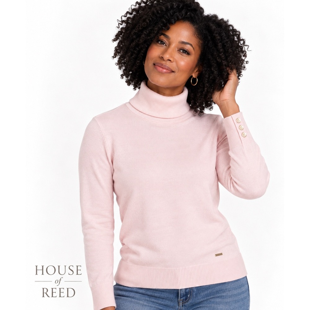 Chaps Womens Light Pink Turtleneck Sweater Gold Button Cuff Knit Top Size M